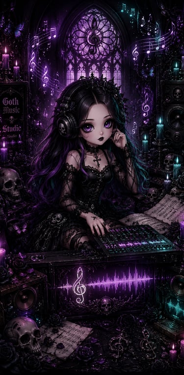 Gothic anime girl with headphones producing music in a dark studio with skulls and purple candles.
