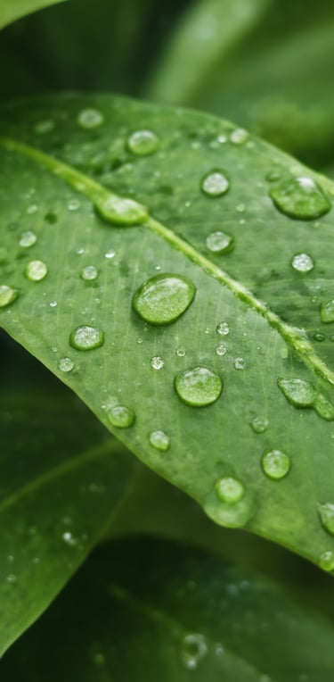 Close-up macro shot of vibrant green tropical leaves with fresh crystal clear water droplets on the surface.
