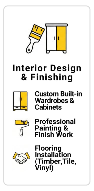 Custom interior design and finishing work including built-in wardrobes, cabinets, professional paint