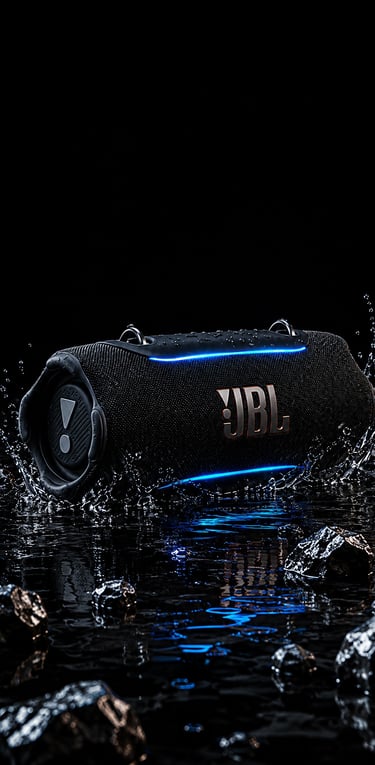 Enceinte Bluetooth JBL Xtreme 5 noire sur des rochers humides avec éclaboussures d'eau