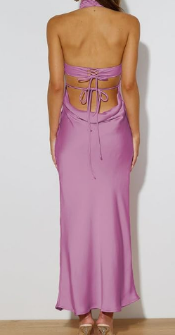 back of bright purple pink dress with cut outs and ties