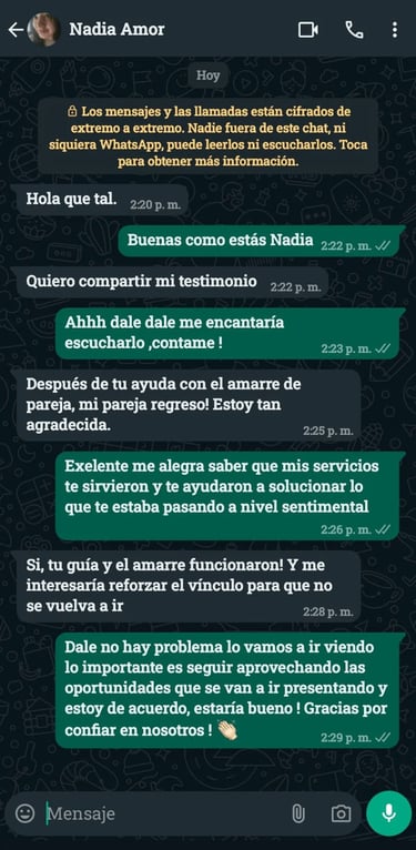 Captura de testimonio real por WhatsApp sobre amarre de amor exitoso