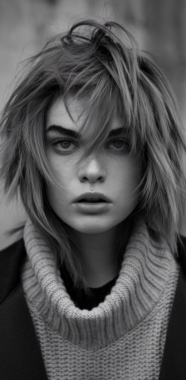 Book Photo Portrait en noir et blanc d'une femme aux cheveux décoiffés, portant un pull à col roulé