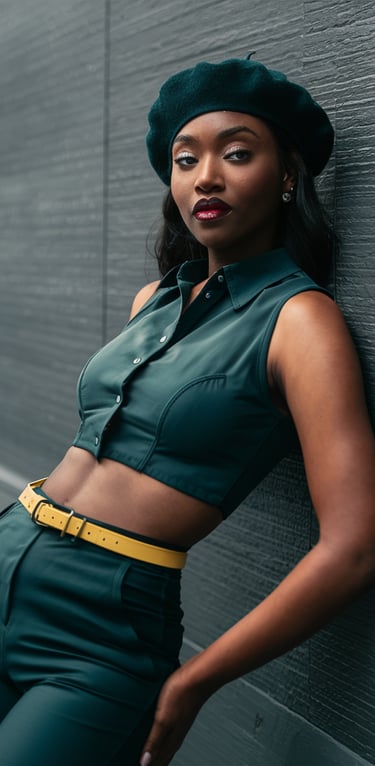 Henrick Atelier Photo Femme Black en tenue verte, posant contre un mur avec un béret assorti