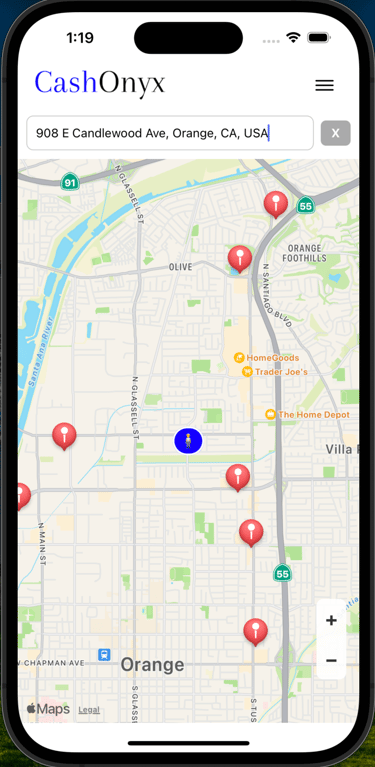 a phone screen showing a map of a city