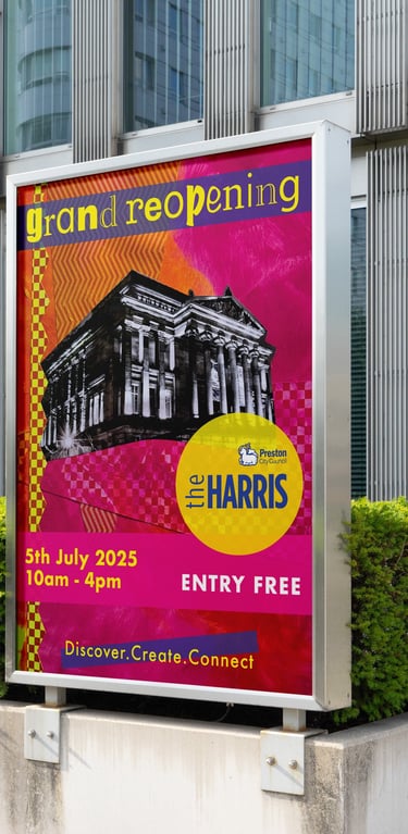 Large format poster on street displaying Harris Museum grand reopening event details