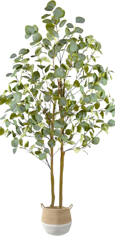 Artificial Eucalyptus Plant in Woven Basket – Bohemian Greenery for Living Room, Faux Potted Plant 