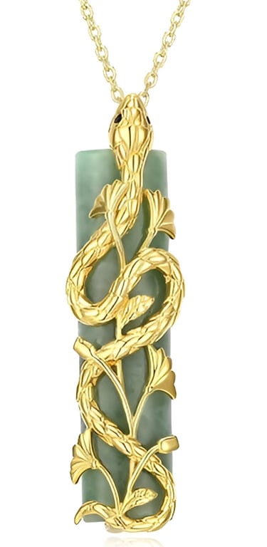 Jade Cylinder Bead at the Center.  Sterling Silver. Transformative Snake Pendant, Cabochon-cut Black Sapphire Gemstone Eyes
