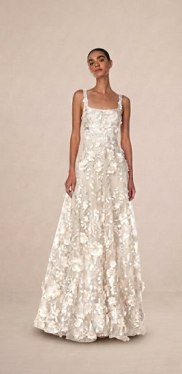 vestido de gala largo con apliques de flores 3d color blanco marfil para mujer