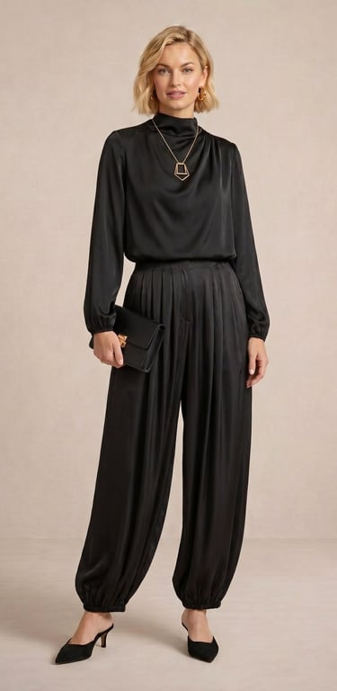 pantalon globo de saten negro azabache para dama 