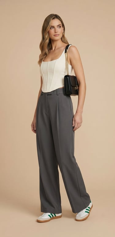 pantalon palazzo de pierna ancha tiro alto gris oxford para mujer