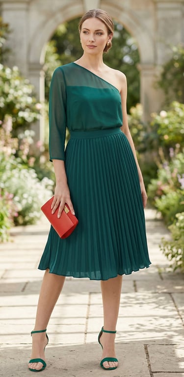 Falda midi plisada · Verde esmeralda · Cintura alta · Tejido de gasa