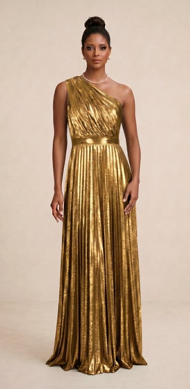 vestido asimetrico con el color dorado metalico para damas