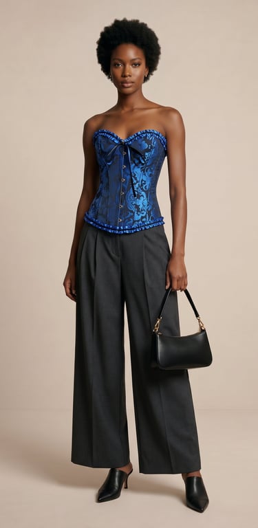 top corse estructurado jacquard con broches frontales y detalles de volantes color azul zafiro para 