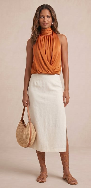 blusa satinada de cuello alto con drapeado cruzado frontal color naranja terracota para mujer