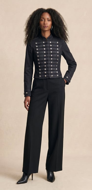 chaqueta militar napoleonica con botones plateados y cuello alto color negro para mujer