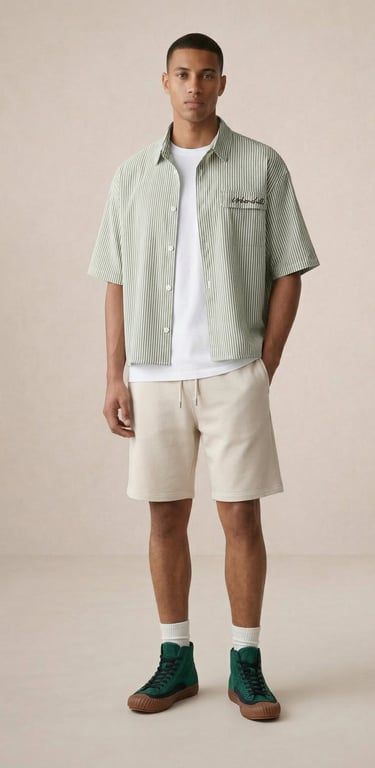 CAMISA MANGA CORTA HOMBRE CORTE BOXY FIT RAYAS VERTICALES VERDE OLIVA ESTILO URBANO