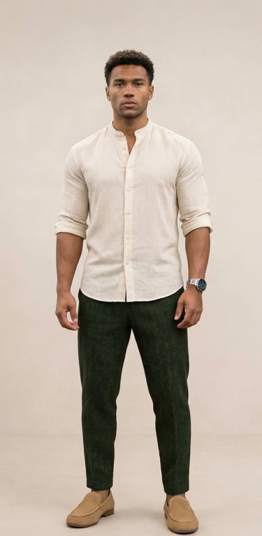 Camisa de lino hombre cuello Mao color beige natural corte holgado casual