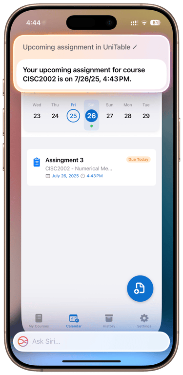 check upcoming assignment with siri