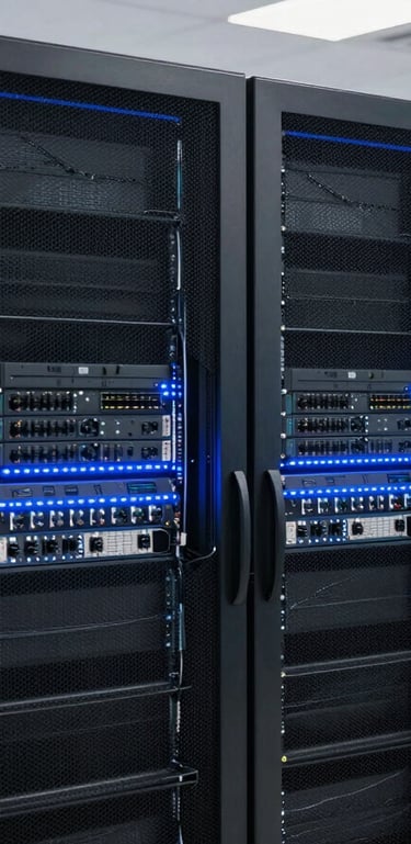 Crisp daylight shot of a high-tech control room with modern server racks and clean interfaces, subtle blue ambient LED lighting, professional environment, 35mm