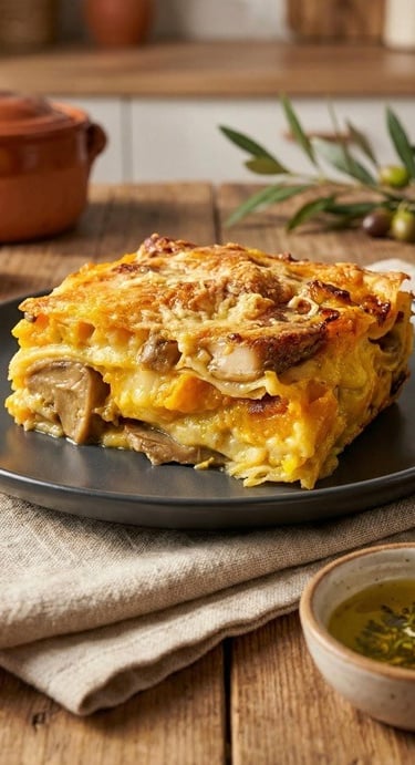 Pumpkin lasagna with béchamel, brie & mushrooms