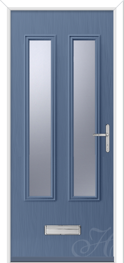 a modern style composite door in pigeon blue colour. two long glass panels and low Letterplate