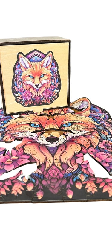 Colorful fox-shaped wooden jigsaw puzzle with floral details, shown with its box.