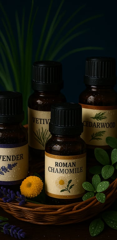 Essential Oil bottles of Chamomile, Lavender, Cedarwood and Vetiver in a basket