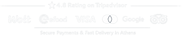 Logos for Wolt, efood, Visa, Mastercard, and Google showing secure payments and 4.8 TripAdvisor rating in Athens.