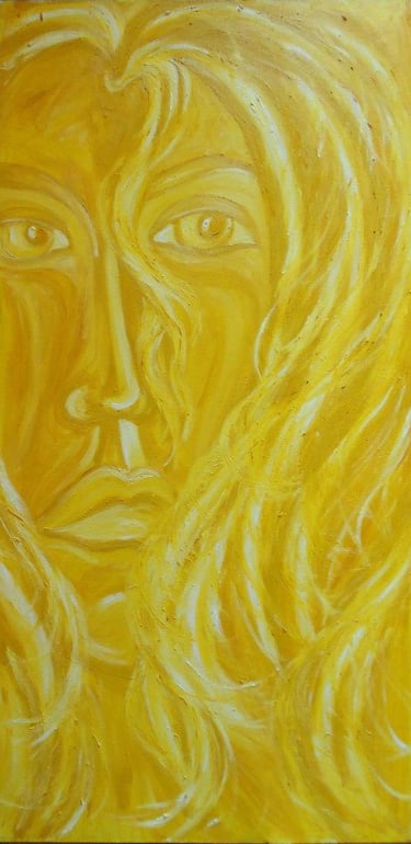 a painting of a woman's face with a yellow background