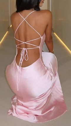 light pink satin dress with criss cross straps