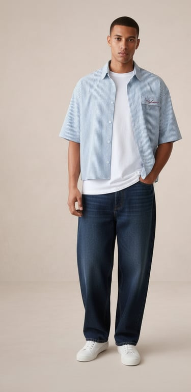 CAMISA MANGA CORTA HOMBRE CORTE BOXY FIT RAYAS VERTICALES AZUL Y BLANCO ESTILO URBANO