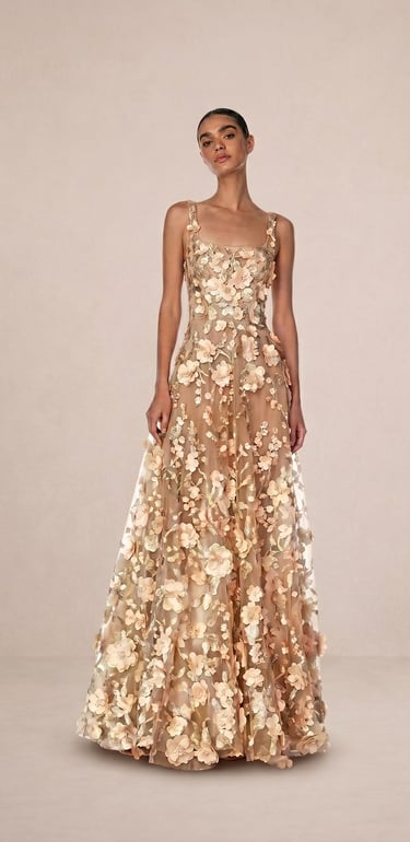 vestido de gala largo con apliques de flores 3d color champan dorado para mujer