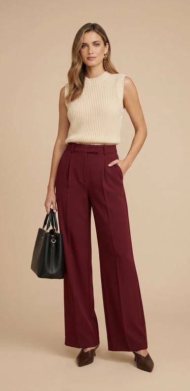 pantalon palazzo de pierna ancha tiro alto rojo borgoña para mujer