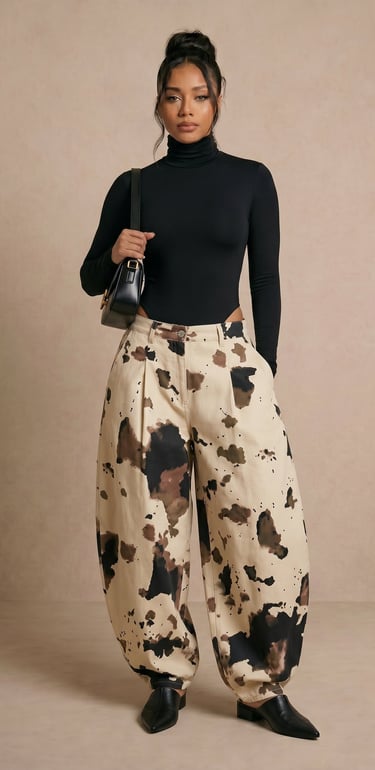 pantalon barril de tiro alto con estampado de vaca marron y negro para mujer