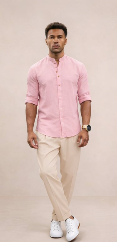 Camisa de lino hombre cuello Mao rosa pastel corte holgado casual