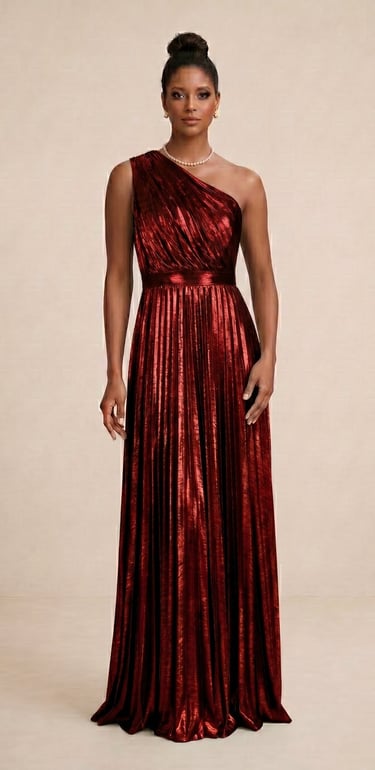 vestido asimetrico con el color rojo metalico para damas