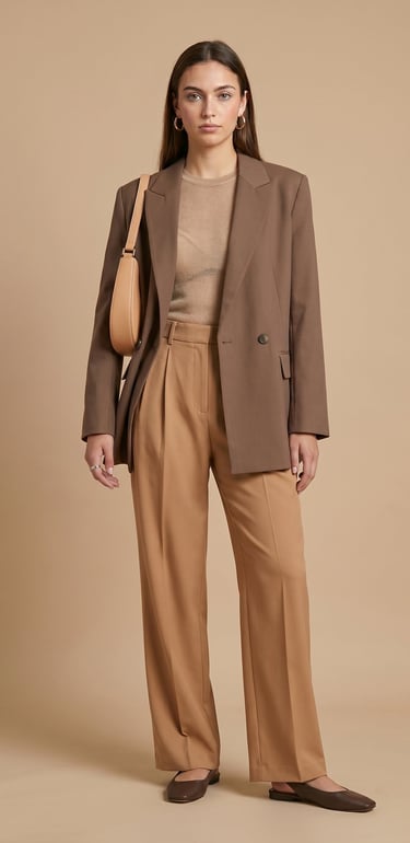blazer sastrero cruzado de silueta oversize con botones oscuros y bolsillos con solapa color marron 