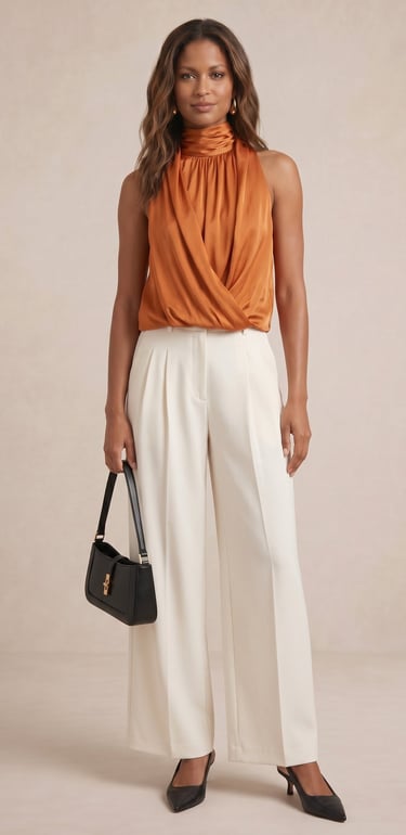 blusa satinada de cuello alto con drapeado cruzado frontal color naranja terracota para mujer