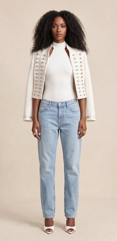 chaqueta militar napoleonica con botones plateados y cuello alto color blanco para mujer