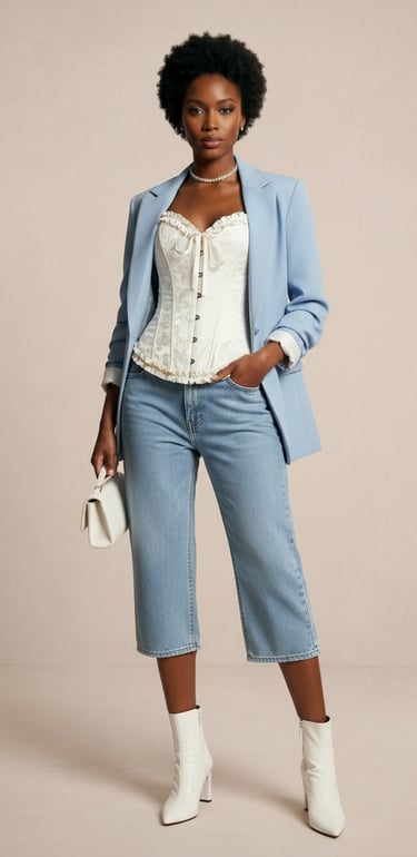 top corse estructurado con broches frontales y detalles de volantes color blanco optico para mujer
