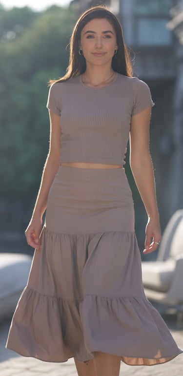 Woman wearing a taupe ribbed crop top and matching tiered midi skirt for summer fashion.