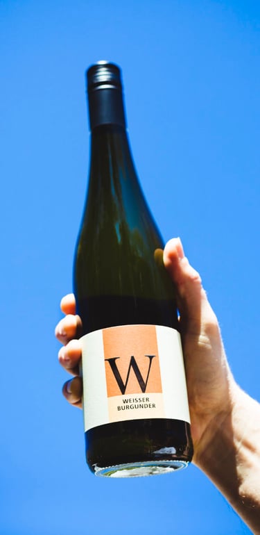 Wine bottle photographed on a blue sky.