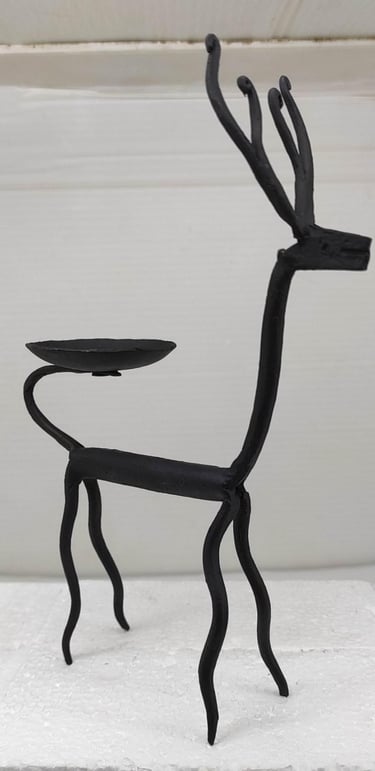 "Handcrafted tribal iron deer sculpture with oil lamp – Bastar traditional art-Fit for export"