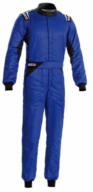 Professional blue Sparco racing suit with black accents for motorsport driver safety and performance.