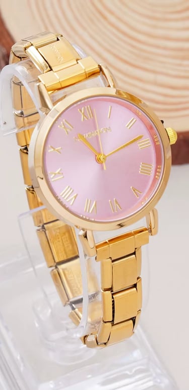 Elegant gold watch for women featuring a pink dial and Roman numerals on a metallic link bracelet.