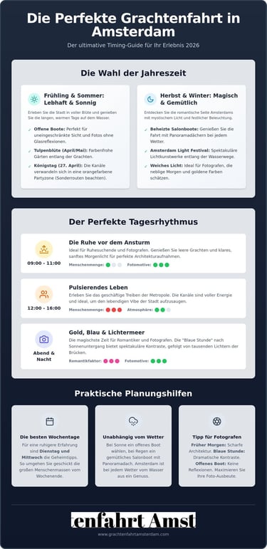 Infographic guide for the perfect Amsterdam canal cruise featuring seasonal tips, daily schedules, and photography advice.