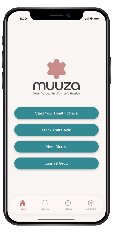 Muuza women's health app interface on a smartphone showing health check and cycle tracking options.