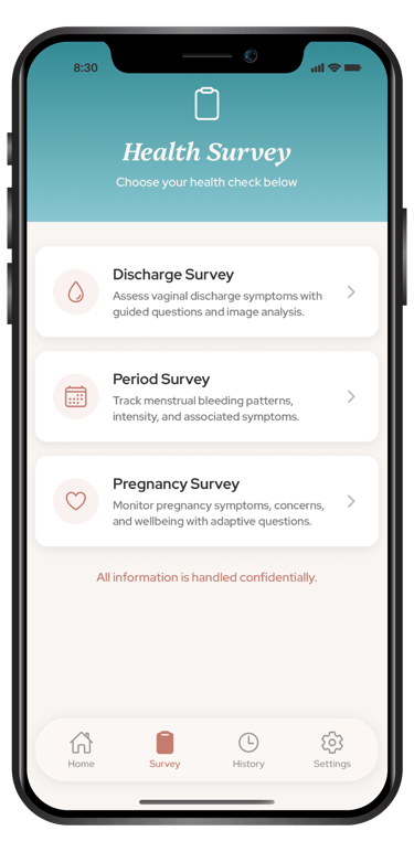 A mobile app interface displaying a Health Survey menu with options for Discharge, Period, and Pregnancy surveys.