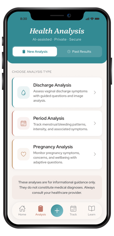 Health analysis Muuza app interface for tracking period, pregnancy, and discharge symptoms.